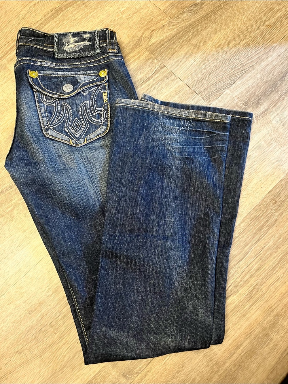 MEK Dark Blue Wide Leg Jeans with Embroidered Back Pockets